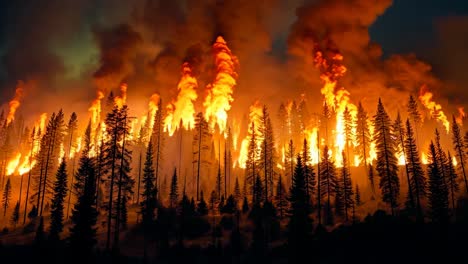 a large fire burns through a forest at night