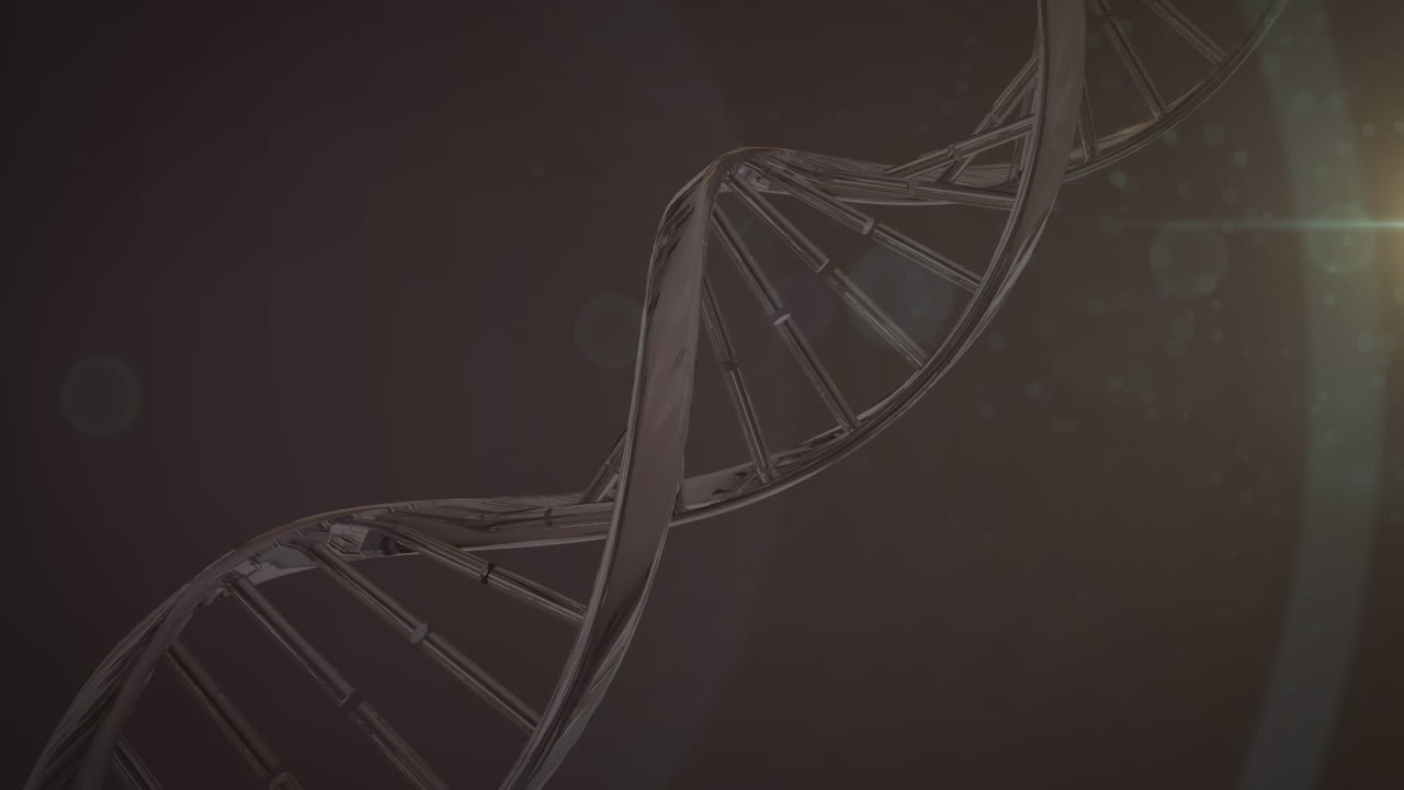 animación de una hebra de adn de doble hélice 3d que gira en bucle sin costura sobre un fondo oscuro