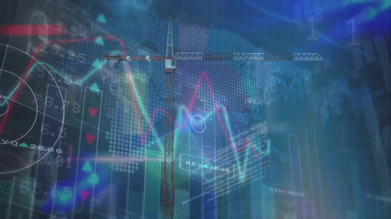 Animazione di dati finanziari in elaborazione su una mappa del mondo, sullo sfondo di un cantiere.