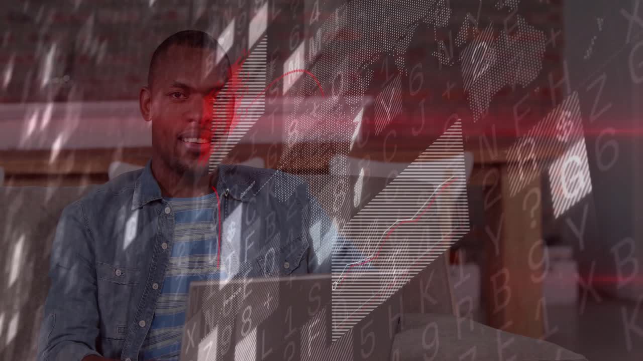 Man working on laptop noticing chart spike and typing while animated data climbing for finance