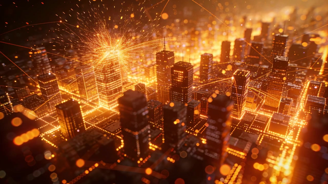 Advancing virtual camera revealing glowing tower grid at night, highlighting nodes and arcing links