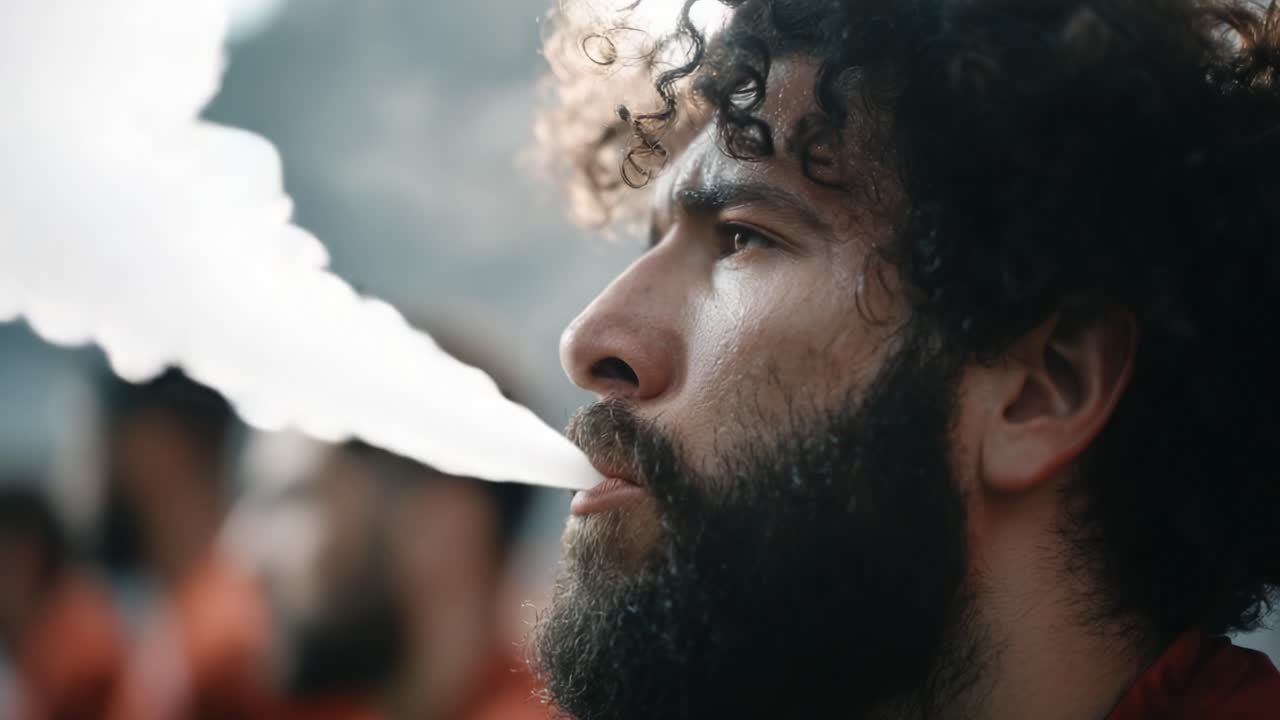 A Thoughtful Gaze: Captivating Portrait of a Young Man Exhaling Smoke, Highlighting Emotion and Intensity in a Moment of Reflection