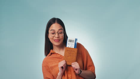 woman, smile and dancing with plane ticket