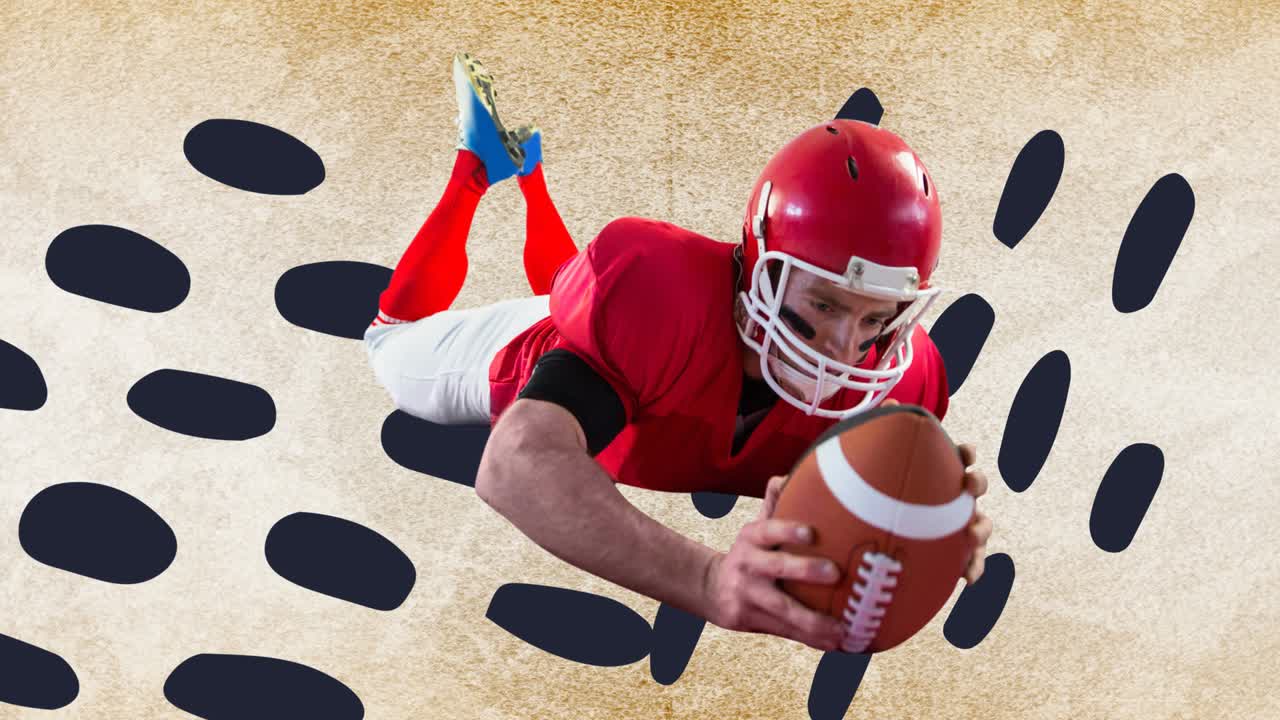 Animazione di un giocatore di football americano con pallone su macchie nere su sfondo beige