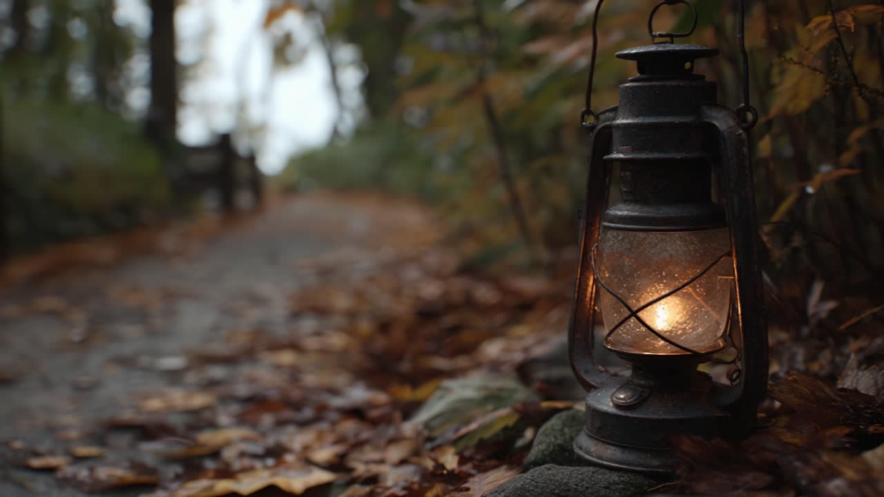 A Glowing Lantern Illuminates a Tranquil Pathway Surrounded by Autumn Leaves and Soft Lighting, Creating a Serene Atmosphere Perfect for Reflection and Peace