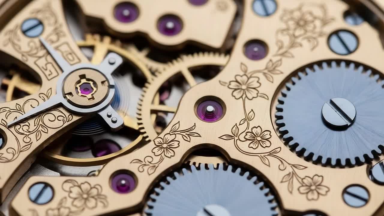 Intricate Close-Up of a Mechanical Watch Movement, Featuring Beautiful Floral Engravings and Precision Gears, Highlighting the Craftsmanship of Horology