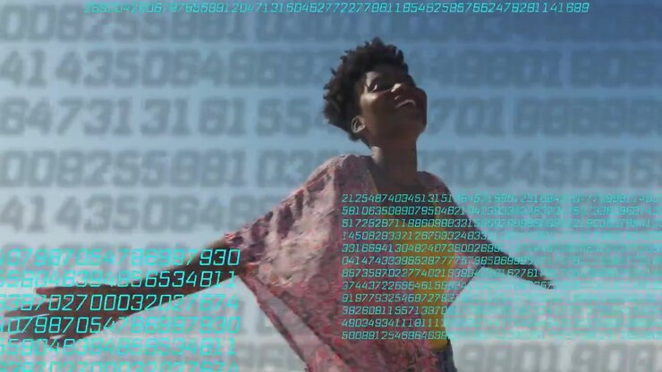 Woman stepping spinning shore kimono flowing teal code scrolling across her showing tech to makers