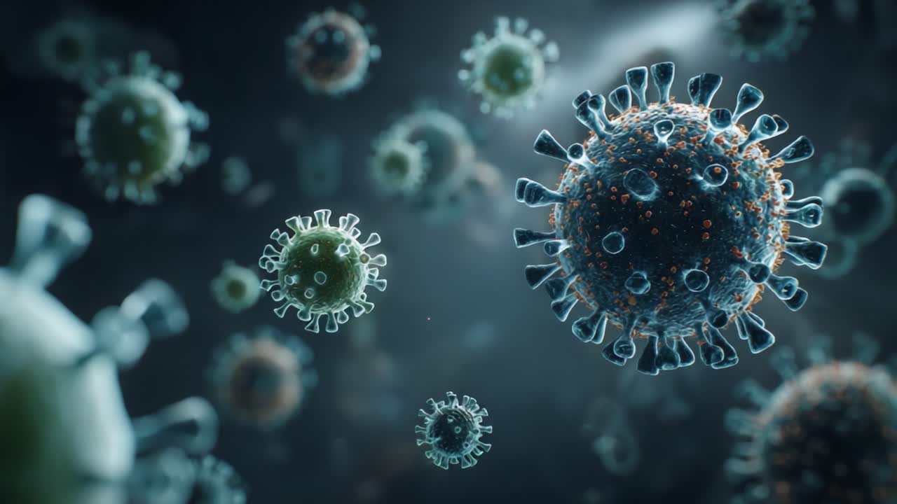 Detaljeret visualisering af mikrobielle strukturer: Et nærbillede af forskellige virusformer i et komplekst biologisk miljø.