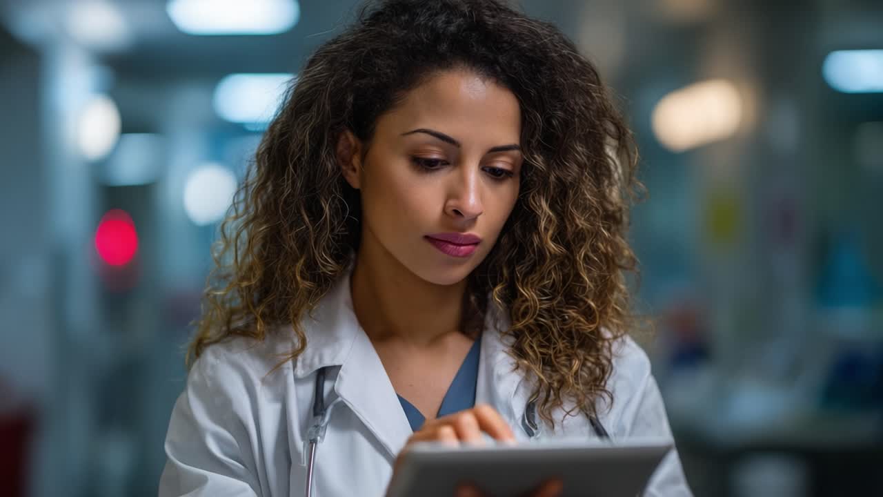 Focused Medical Professional Engaged with Tablet in Hospital Setting, Displaying Expertise and Care in Healthcare Environment, Emphasizing Patient-Centered Innovation