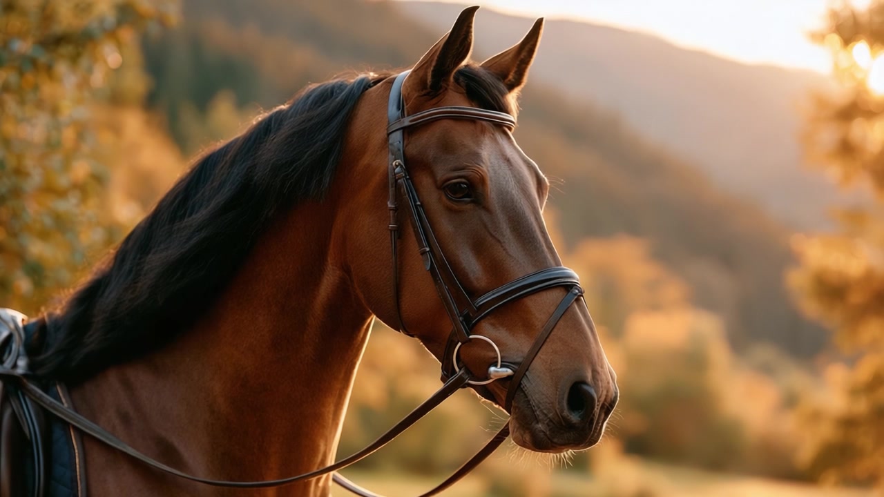 Un maestoso cavallo marrone elegantemente in posa in un sereno paesaggio autunnale, immerso in una morbida luce dorata, che mostra la sua bellezza e grazia nell'abbraccio della natura.