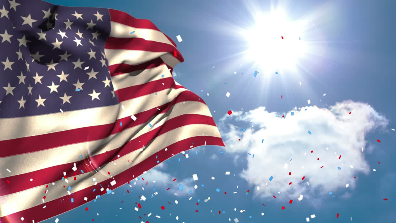 Coriandoli colorati che cadono sulla bandiera USA con cielo blu sullo sfondo