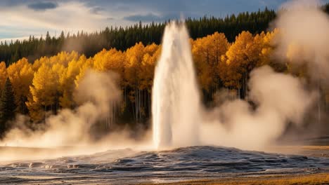 majestic geyser erupts amidst golden autumn foliage, showcasing nature's splendor in a captivating display of steam and beauty