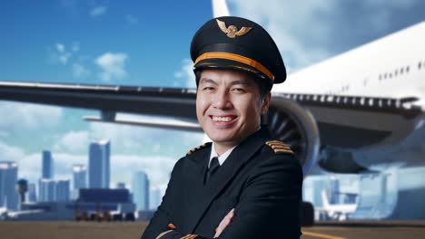 piloto sonriente en el aeropuerto