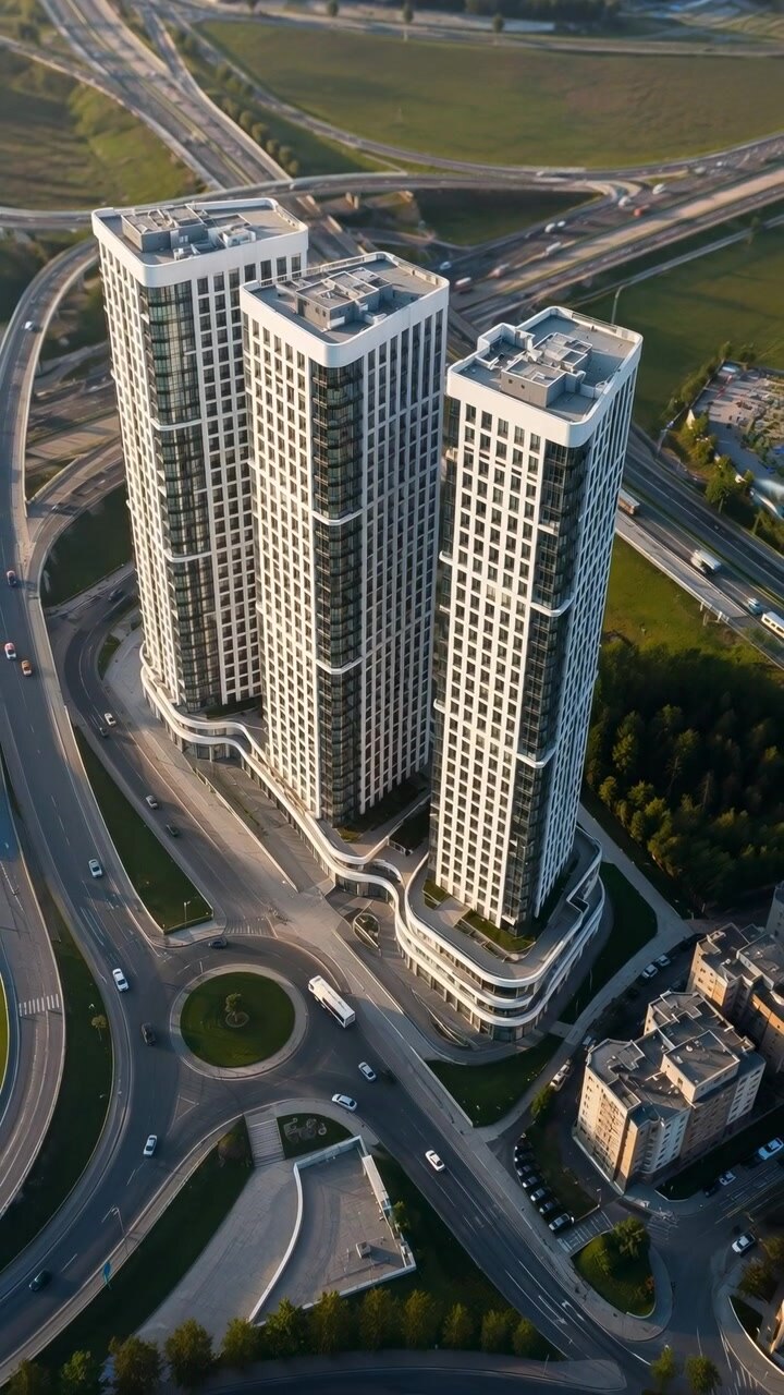 A perspectiva aérea move-se suavemente por três torres de estrutura branca, mostrando estruturas de telhado, ruas curvas, veículos em movimento, árvores e uma rede de estradas elevadas sob a luz dourada do dia