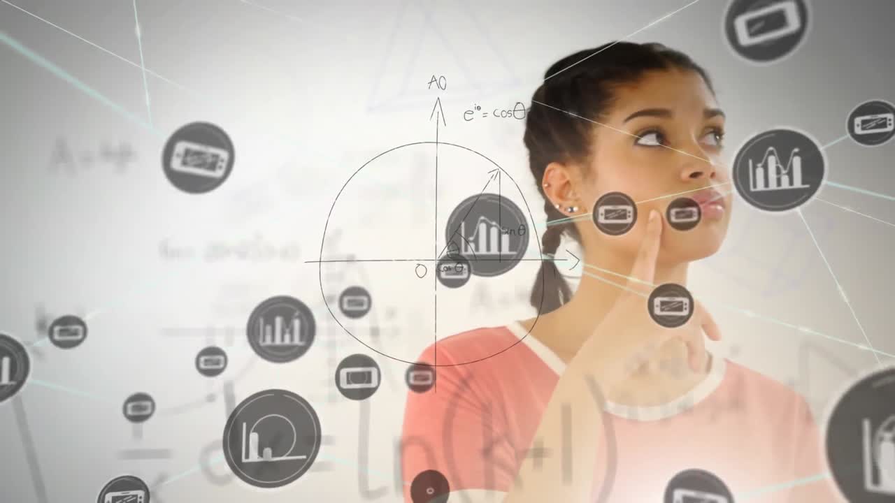 animación de una red de iconos y fórmulas matemáticas sobre una mujer pensante