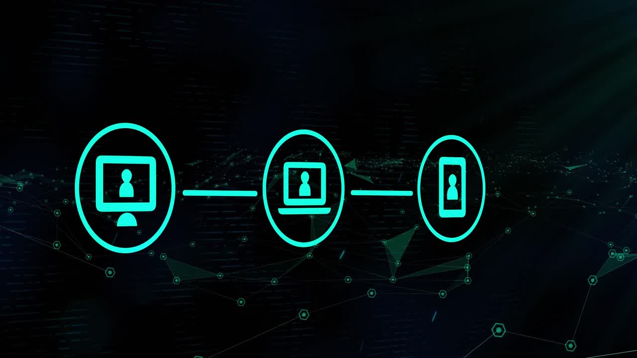 animación de tres iconos digitales verdes brillantes sobre una red de conexiones