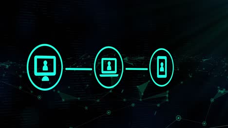 animación de tres iconos digitales verdes brillantes sobre una red de conexiones