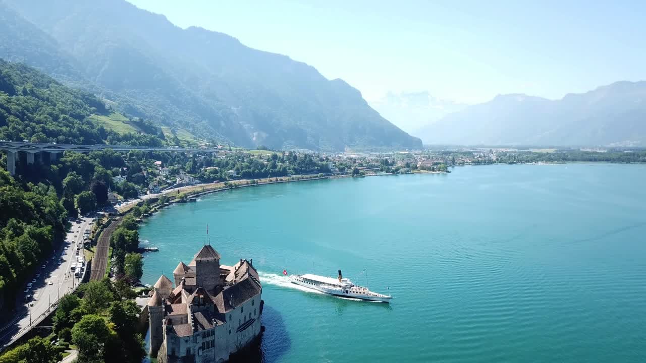 Aerial view of the island medieval castle Chillon in Lake Geneva, Switzerland