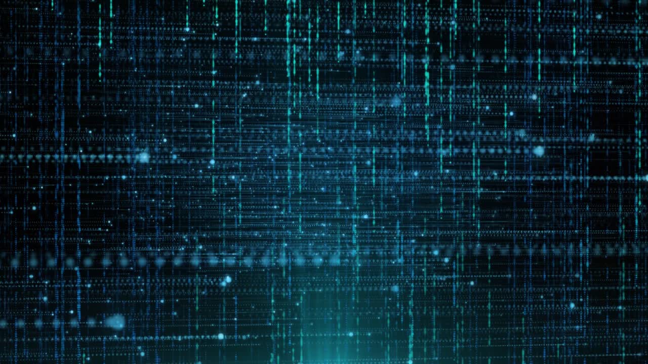 Animation of vertical lines over horizontal lines of glowing blue particles on black background