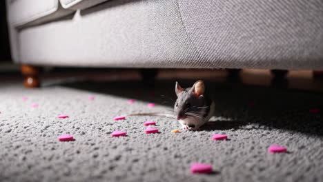ratón bajo el sofá con corazones rosados