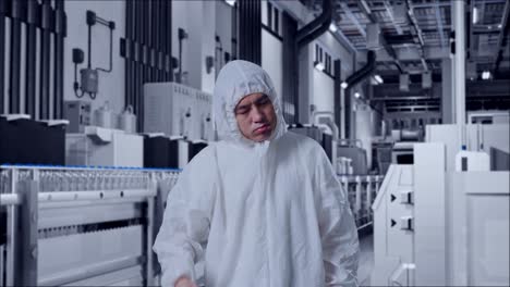 asian male scientist having a headache while standing in water factory, water bottles on production line