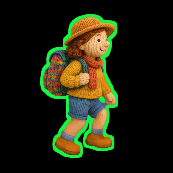 Niño feliz de plastilina caminando con una mochila colorida