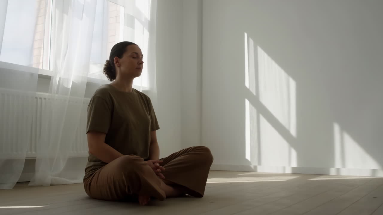 Giovane donna bianca che medita sotto la luce del sole, appartamento tranquillo e minimale, seduta a gambe incrociate su pavimento di legno, occhi
