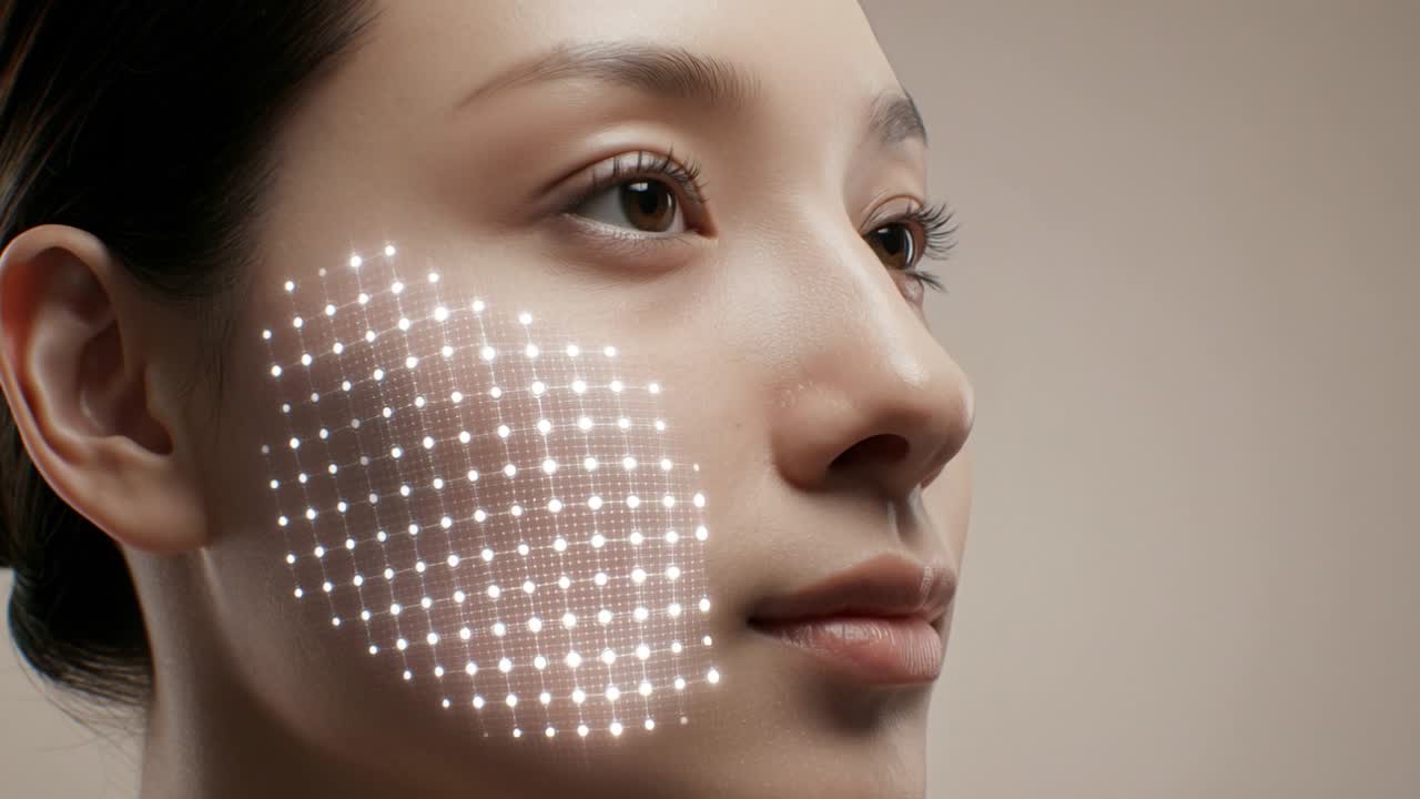 Young Woman's Face with Digital Skin Analysis Grid
