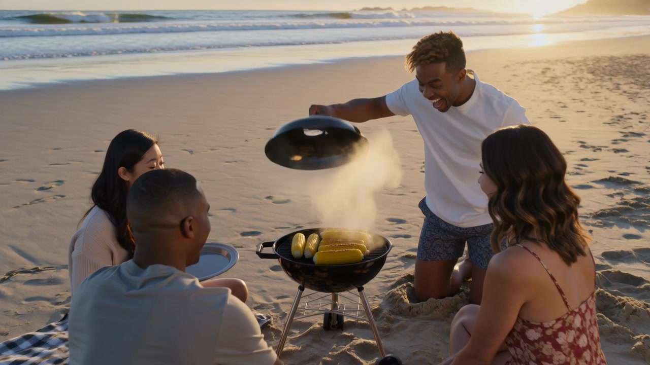 Dopo aver posizionato il vassoio, un uomo inginocchiato in maglietta solleva il coperchio del barbecue sulla spiaggia al tramonto, servendo mais