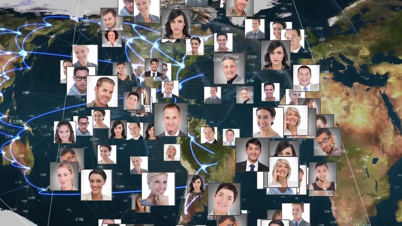 Animazione di diverse icone di persone su un globo e elaborazione di dati