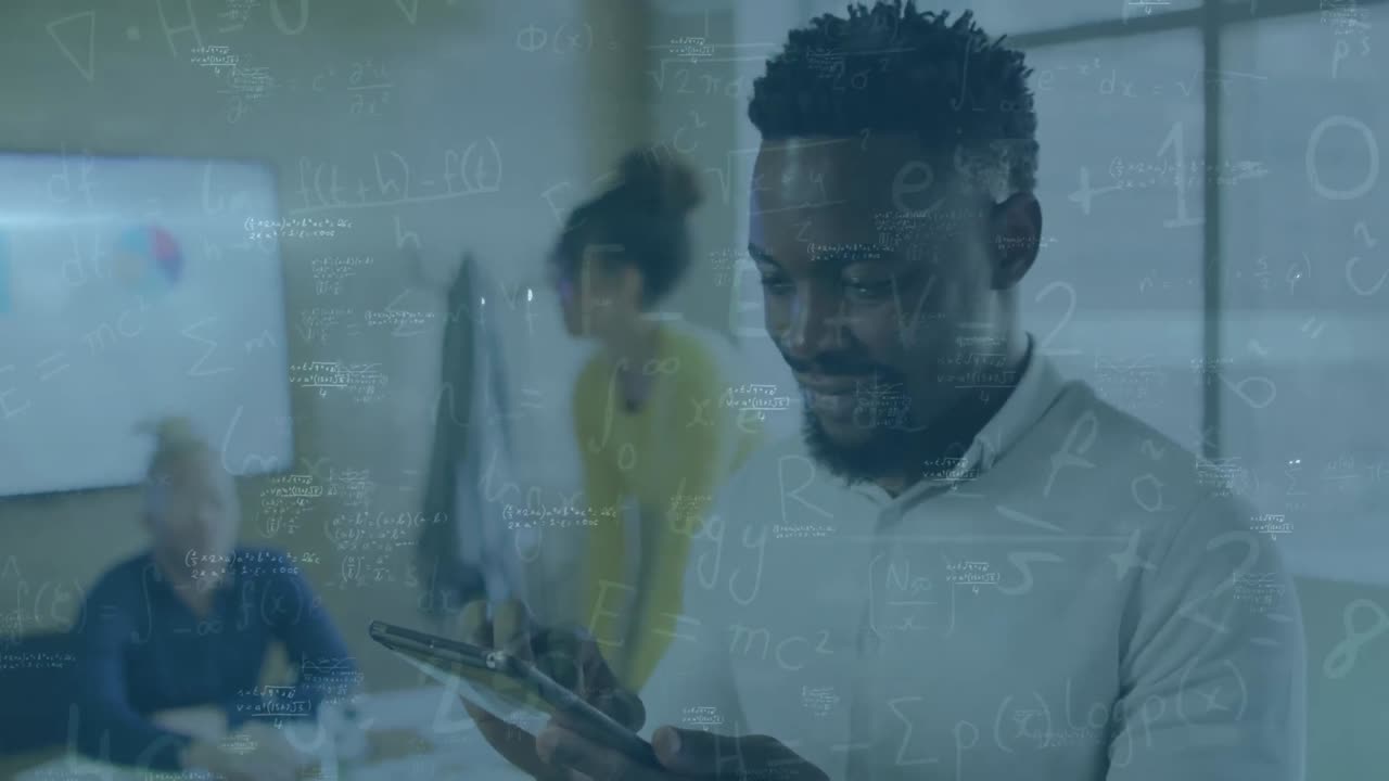 Animation of mathematical equations over diverse business people in office