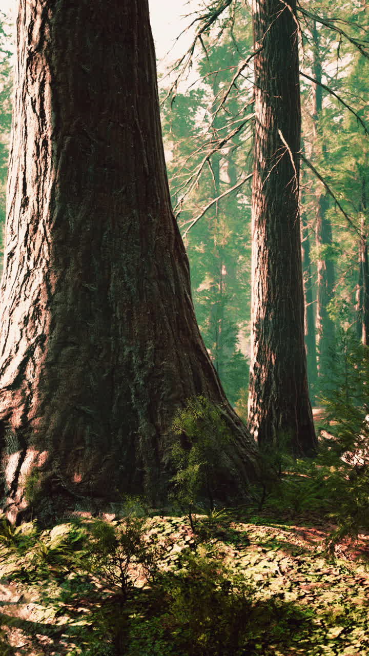 Maestosi alberi di sequoia in una foresta nebbiosa
