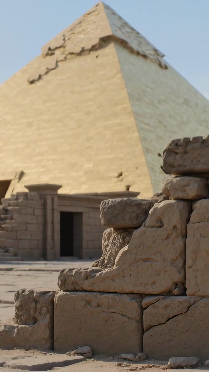 Vertikální video: Oddalující se kamera ukazuje opotřebovaný blok vpravo na písečné lokalitě, pyramidu, volné místo pro text.