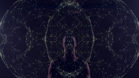 Person spinning basketball with digital network animation in dark setting