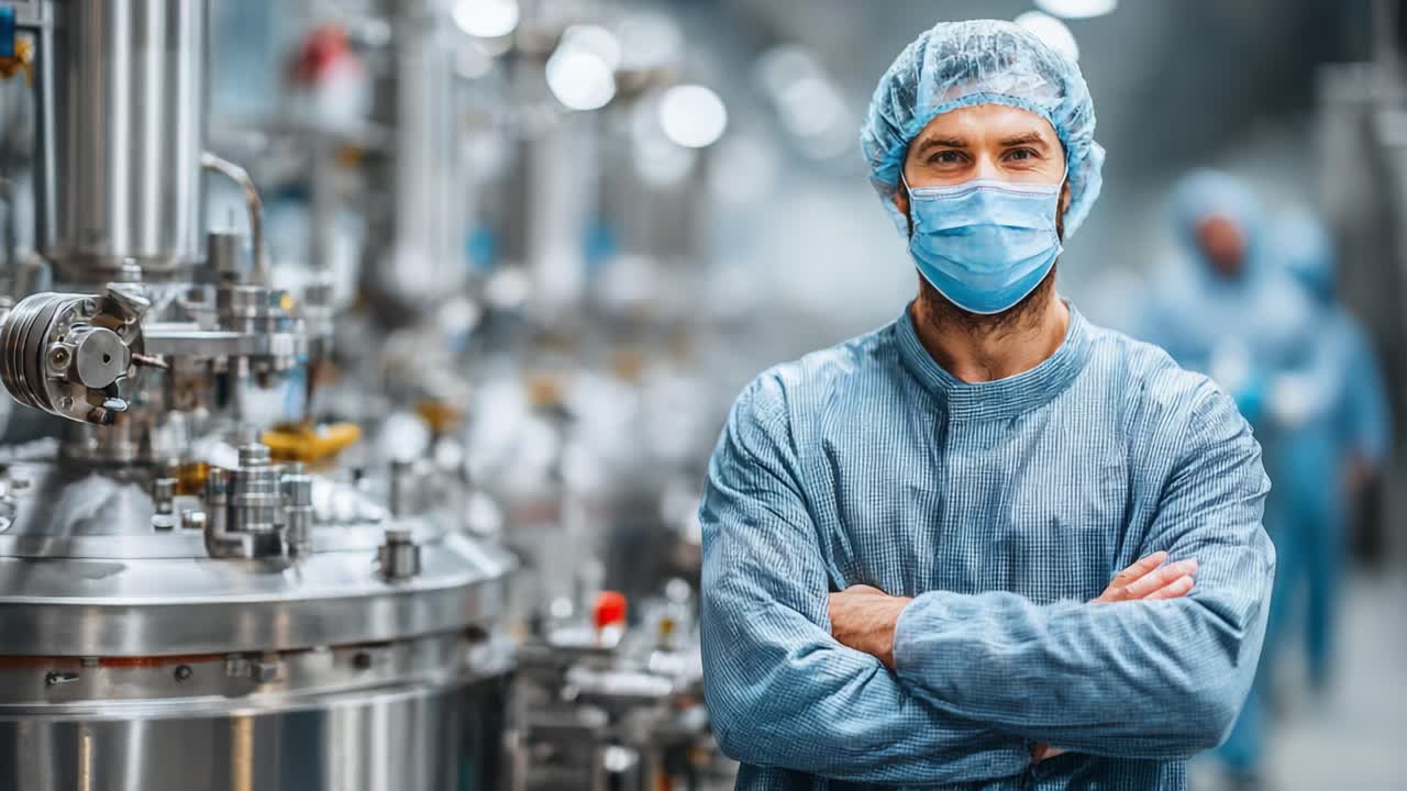 Un profesional seguro de sí mismo con equipo de protección está de pie en un entorno de sala blanca, mostrando precisión y dedicación en un entorno de fabricación, rodeado de maquinaria y equipos avanzados.