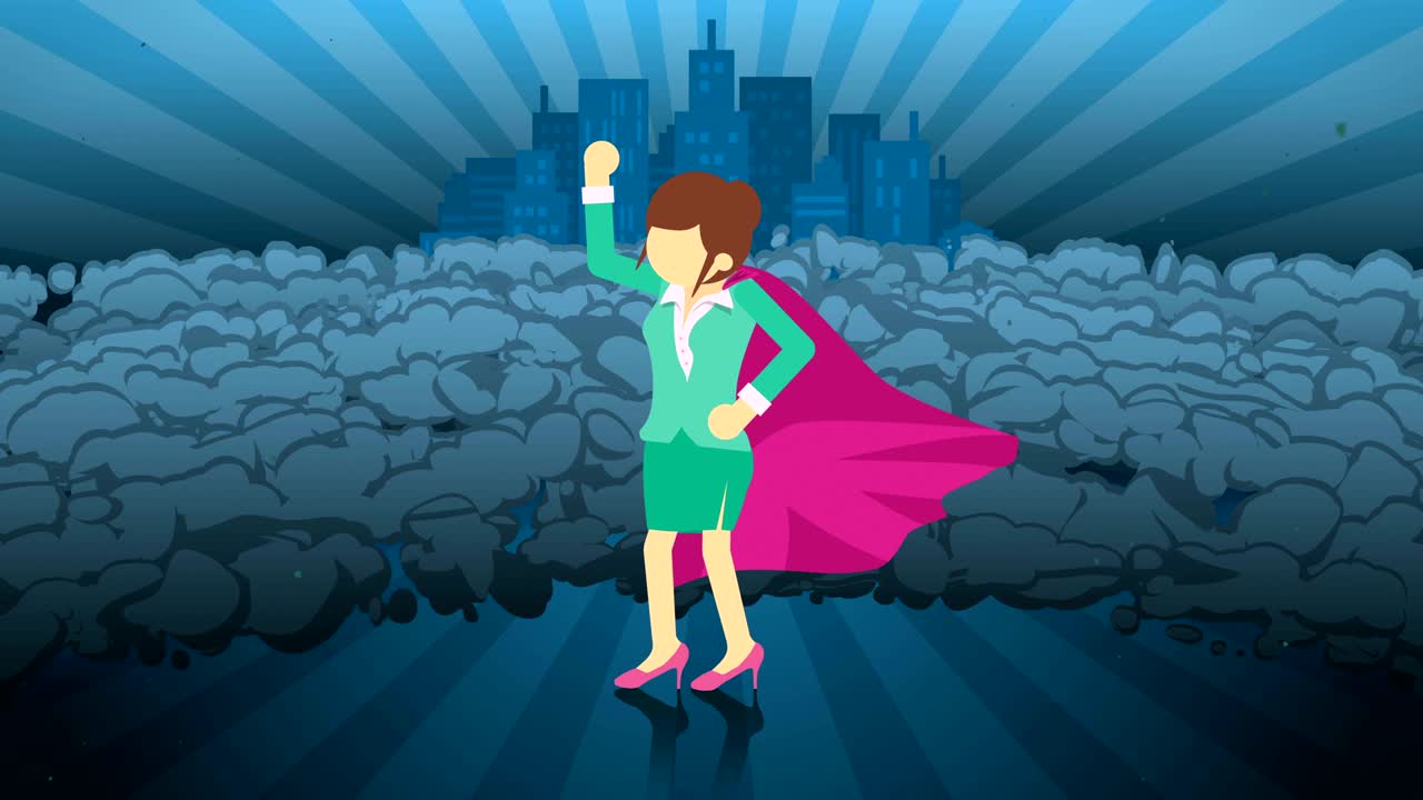 superhéroe de pie en el fondo de la ciudad. cerca de una nube de polvo. símbolo de mujer de negocios. concepto de liderazgo y logro. animación de bucle cómico.