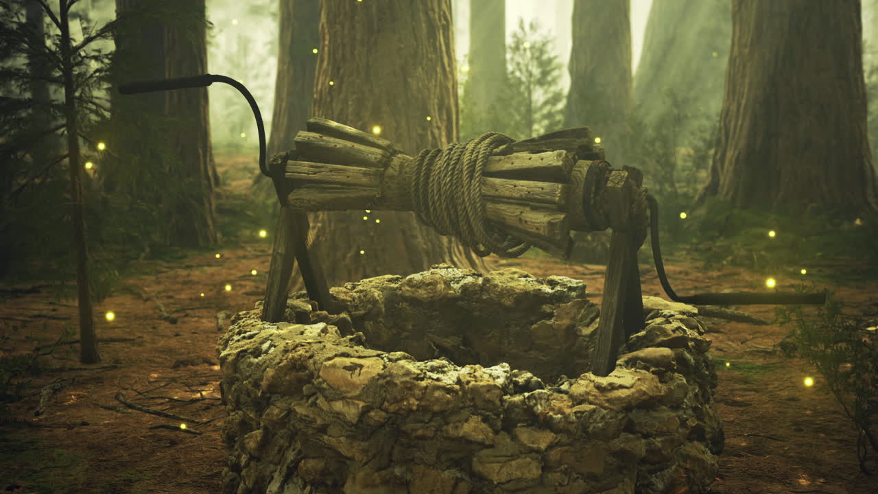 Wooden well surrounded by trees and soft glowing lights in the forest