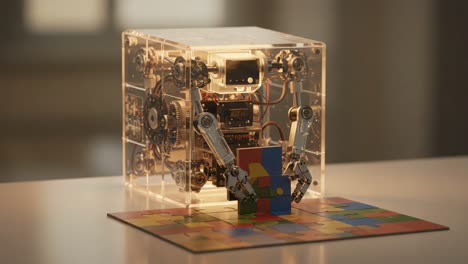 a transparent robotic cube assembles colorful puzzle pieces using mechanical arms in a modern display setting, showcasing advanced robotics and intelligent design