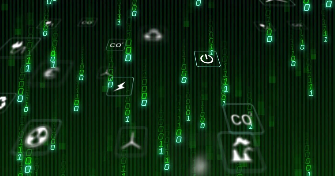 Starting with digits cascading, code streaming while energy icons drifting showing environment data