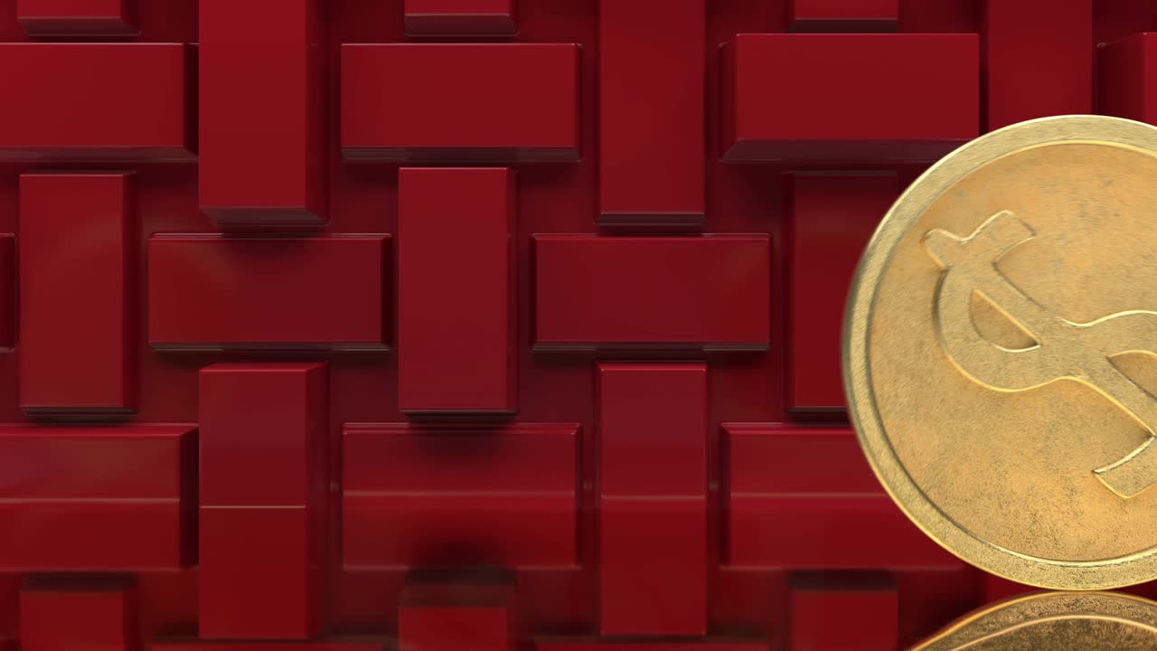 animación en bucle 3d de la escena de fondo geométrico. rodamiento de una moneda de dólar de oro en un piso de vidrio transparente.