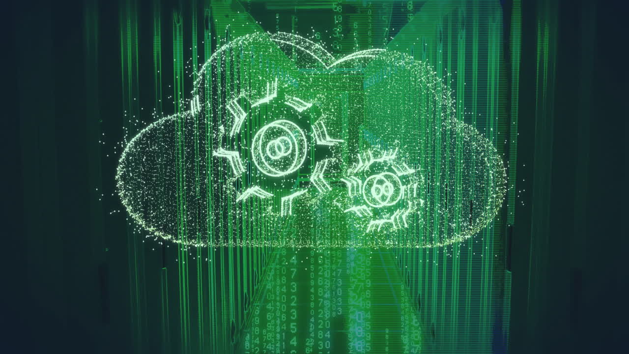 Animation of gears and binary code depicting cloud computing in digital green theme