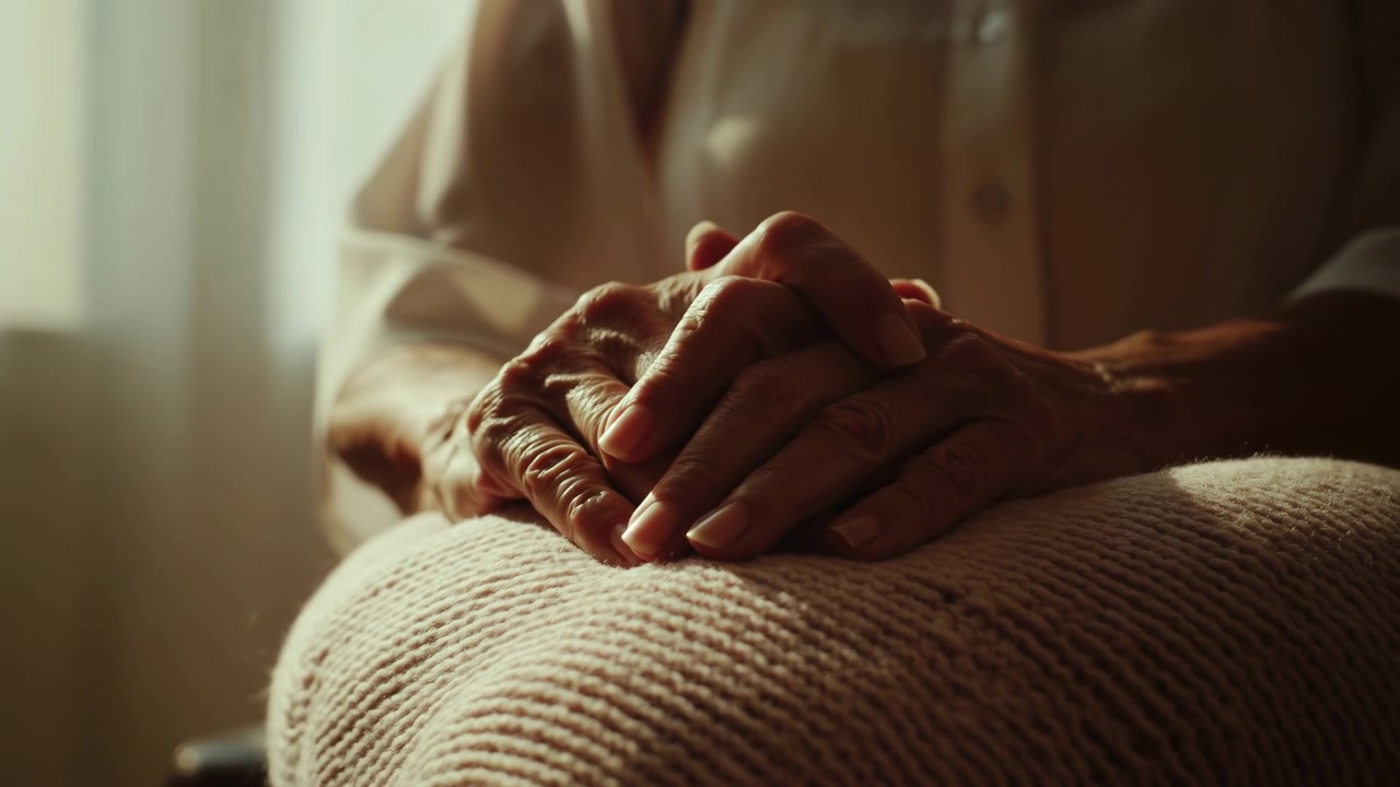 Close-up of wrinkled hands resting together on a knitted lap indoors, illuminated by soft golden sunlight from a nearby window, creating a calm and reflective