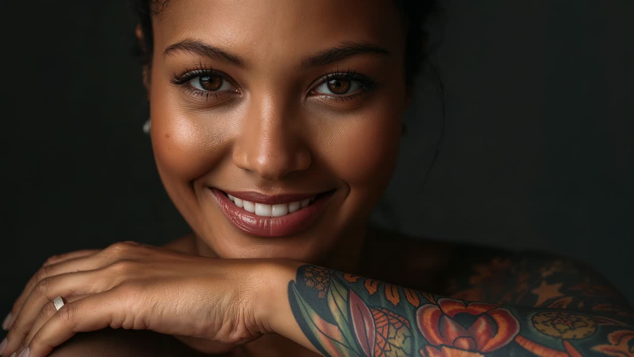 Donna sorridente con il mento appoggiato sulle mani, camera in funzione, che posa in studio, mostrando tatuaggio e anello