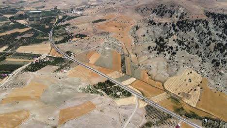 The-drone's-flight-over-the-fields-of-gold,-the-green-edges-of-the-road-along-which-cars-drive