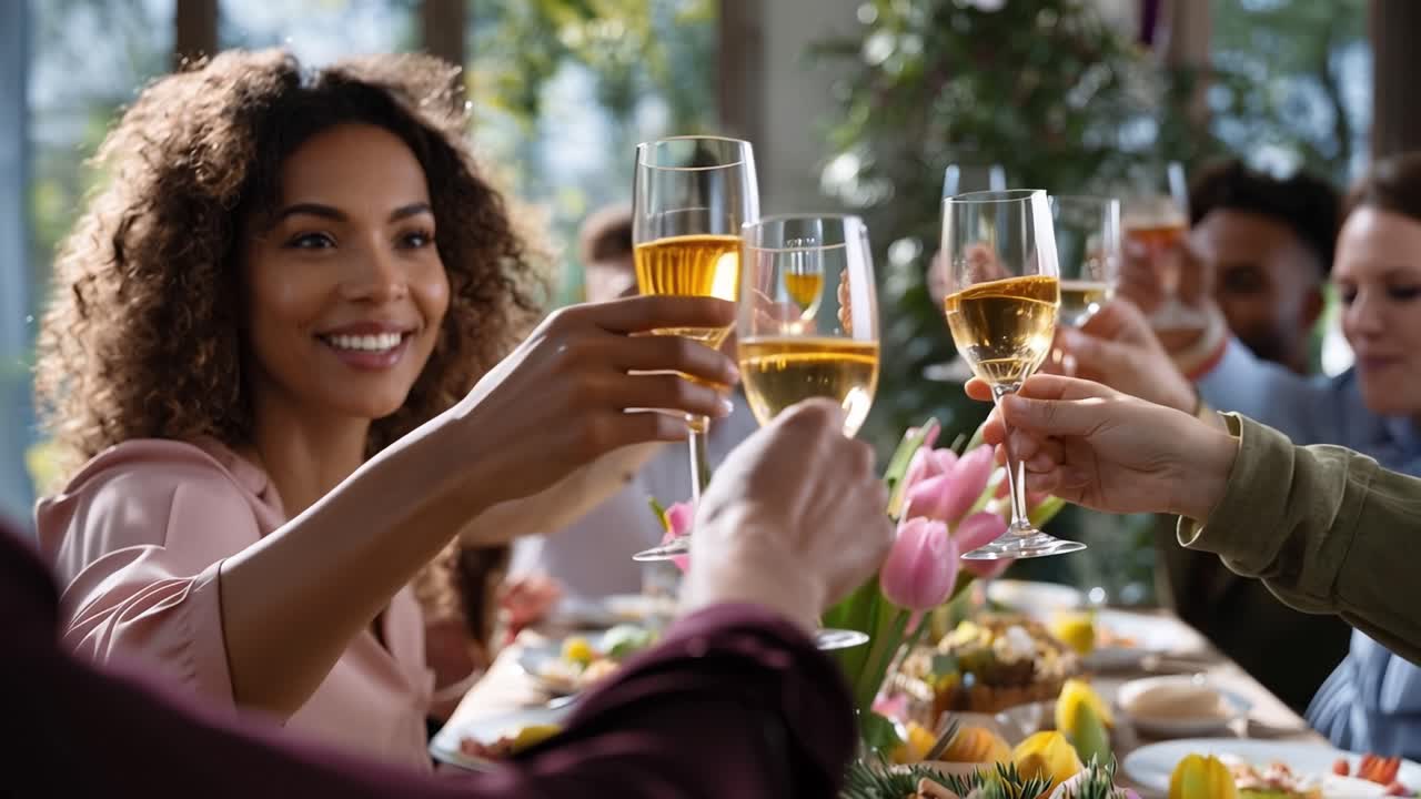 Un incontro gioioso: amici che festeggiano con brindisi tra splendidi fiori primaverili e cibo delizioso a una vivace tavola imbandita in un ambiente accogliente
