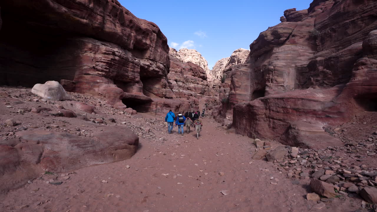 Two Blue Dressed Tourists Walks Near Two Bedouins Who Rides on a Mules on a Rocky Sand Road Through Canyon in Ancient City of Petra