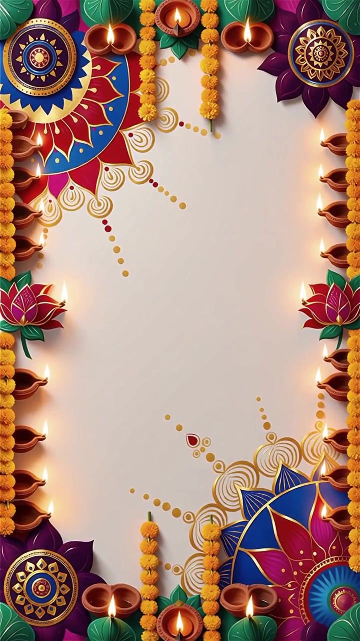 Sfondo Diwali con Diyas luminosi, Rangoli e fiori di loto