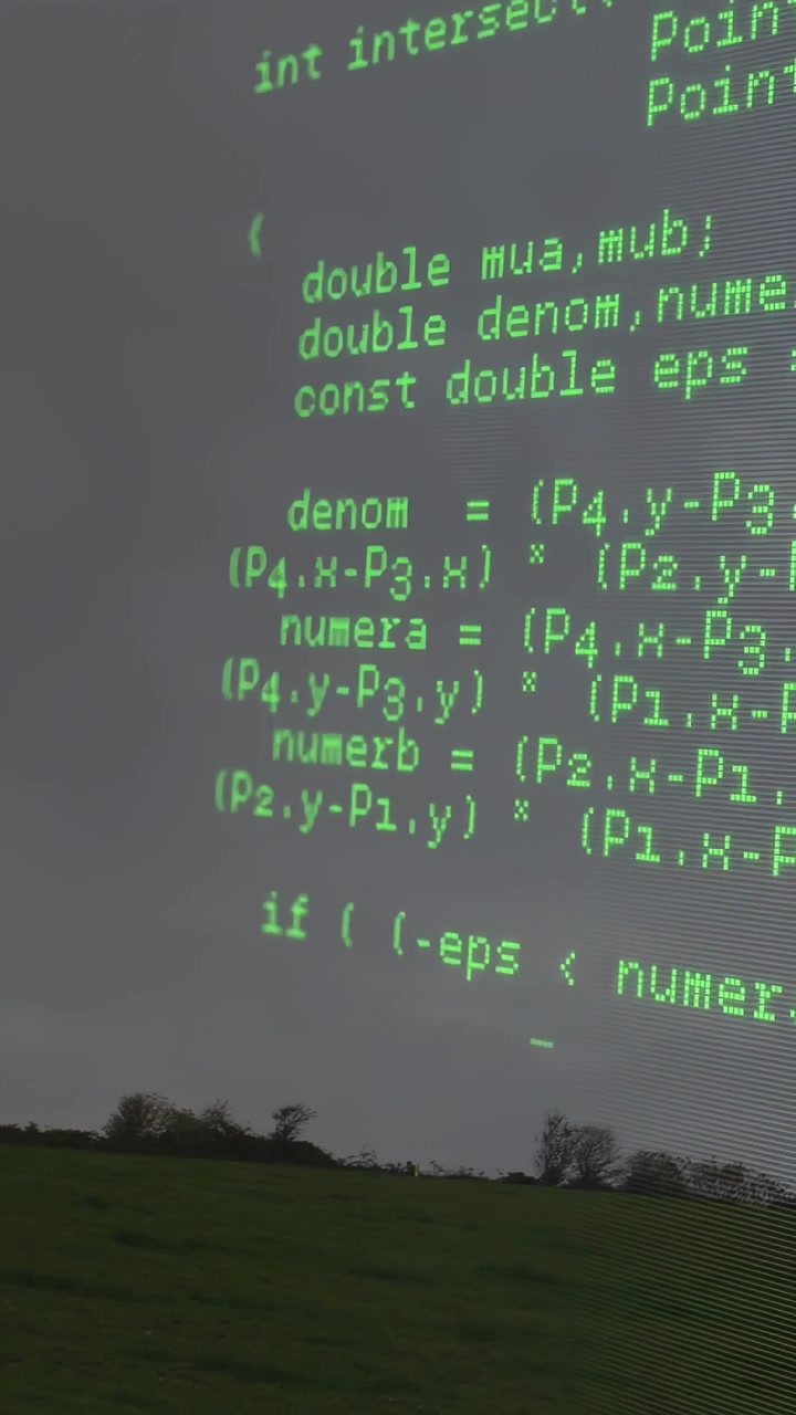 Vertical video: Buffer loop running, green code scrolling over field revealing logic for debugging