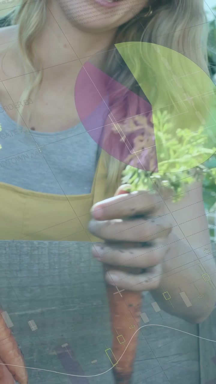 Video verticale: Giardiniere che raccoglie carote, spazzolando via la terra, mostrando il mazzo mentre l'HUD visualizza i dati.