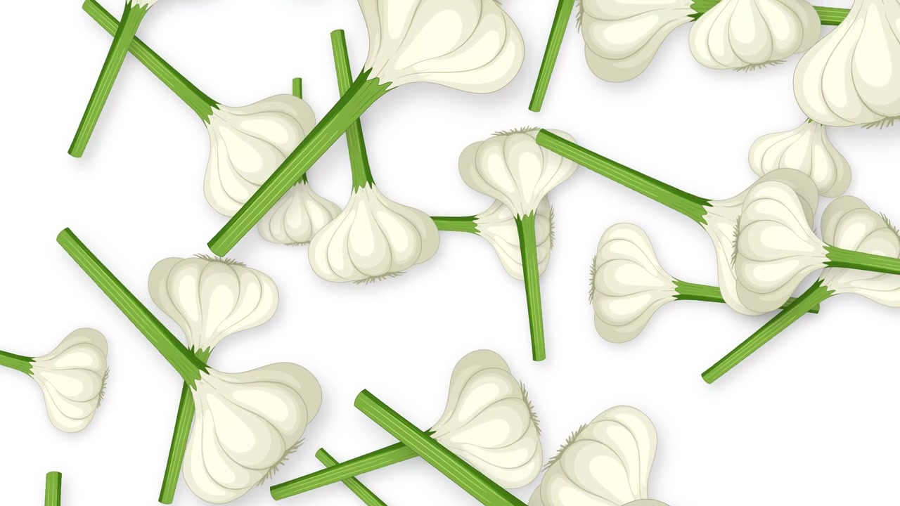 Bulbi d'aglio animati con steli verdi che cadono su uno sfondo bianco pulito in stile flat.